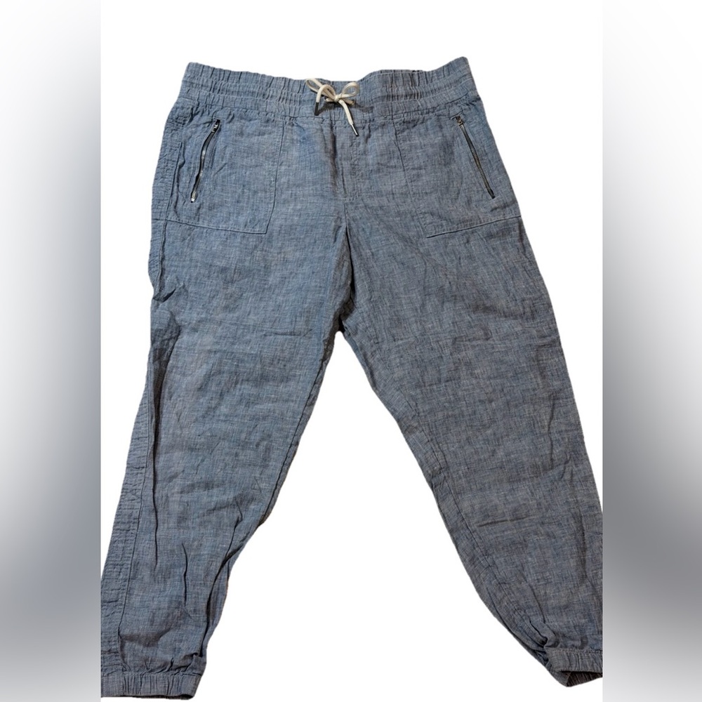 Athleta Chambray Blue Cabo Casual Linen Jogger Pant Tie Waist Size 16